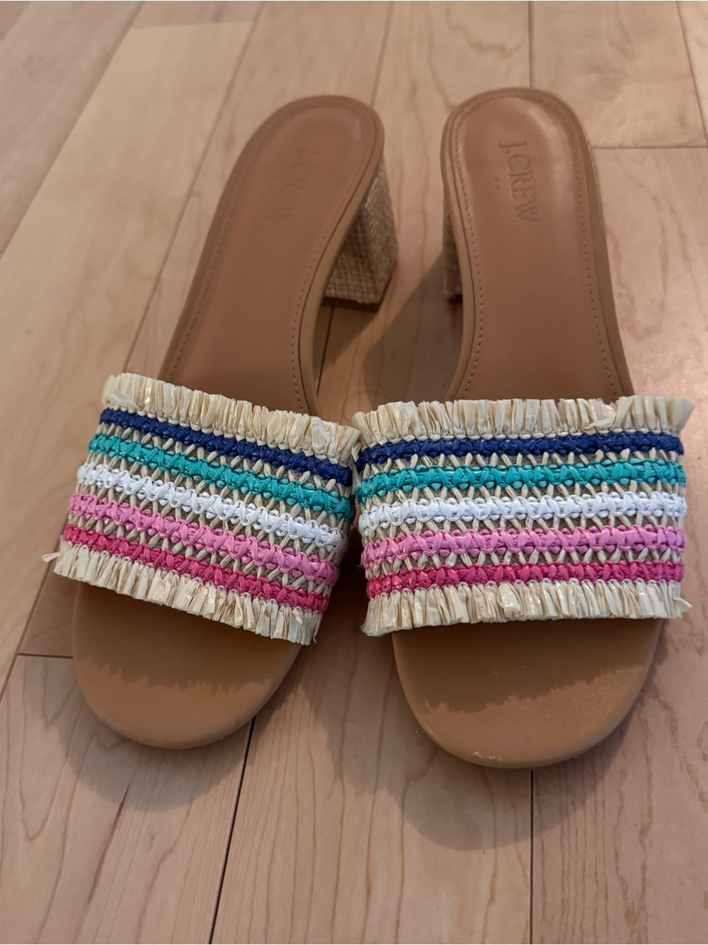 J. Crew Raffia Stripe Slide Sandals in Pink, Turquoise, Blue & Cream